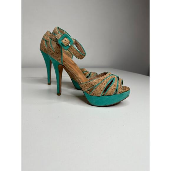 Aldo Platform Turquoise Suede & Tan Cork Stiletto Heel Ankle Strap Sandal 5.5 - Picture 16 of 16